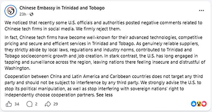 US, Chinese embassies spar on Trini soil over technology